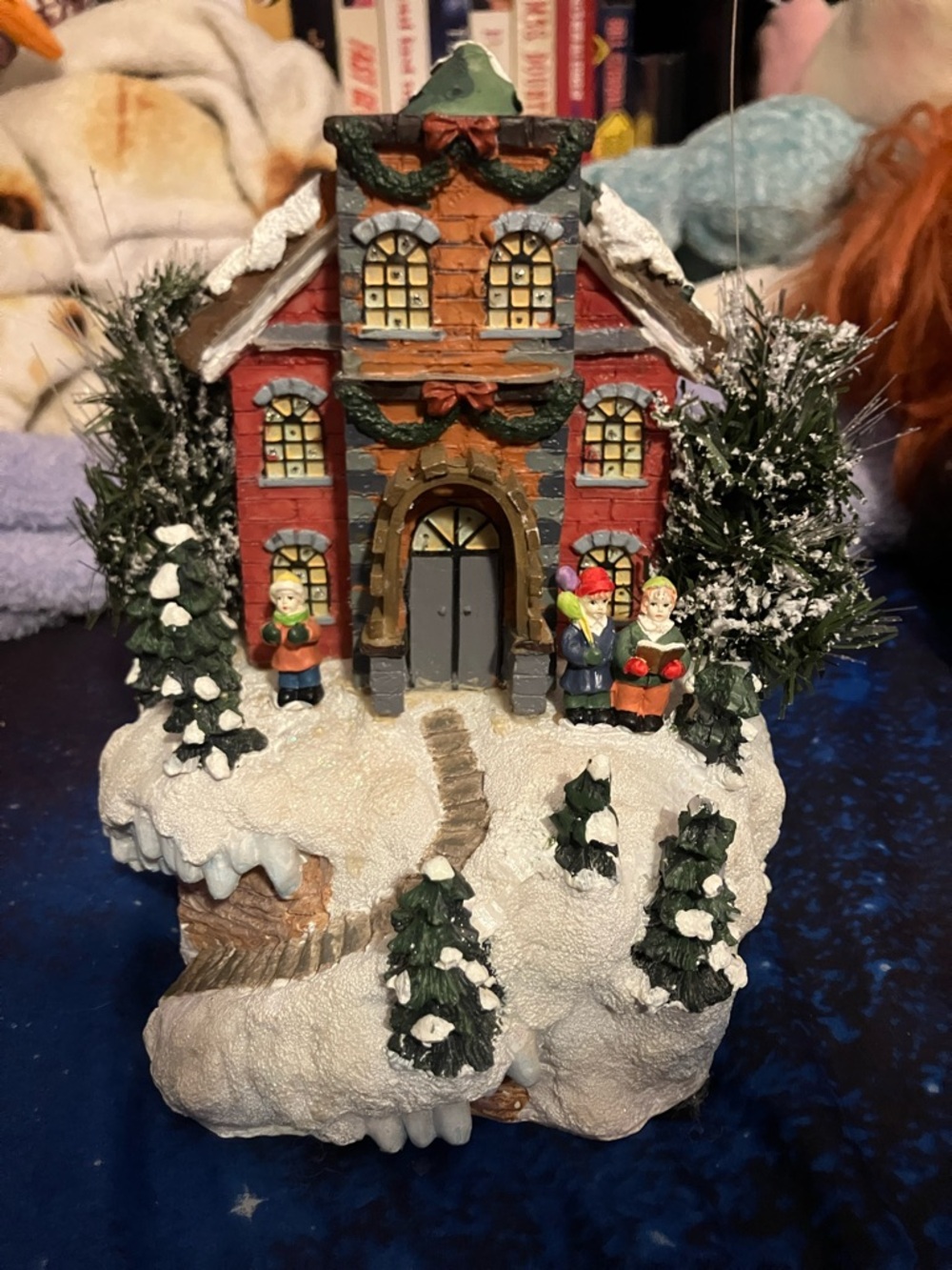 Light up Red Holiday Village House with Snowy Pine Trees